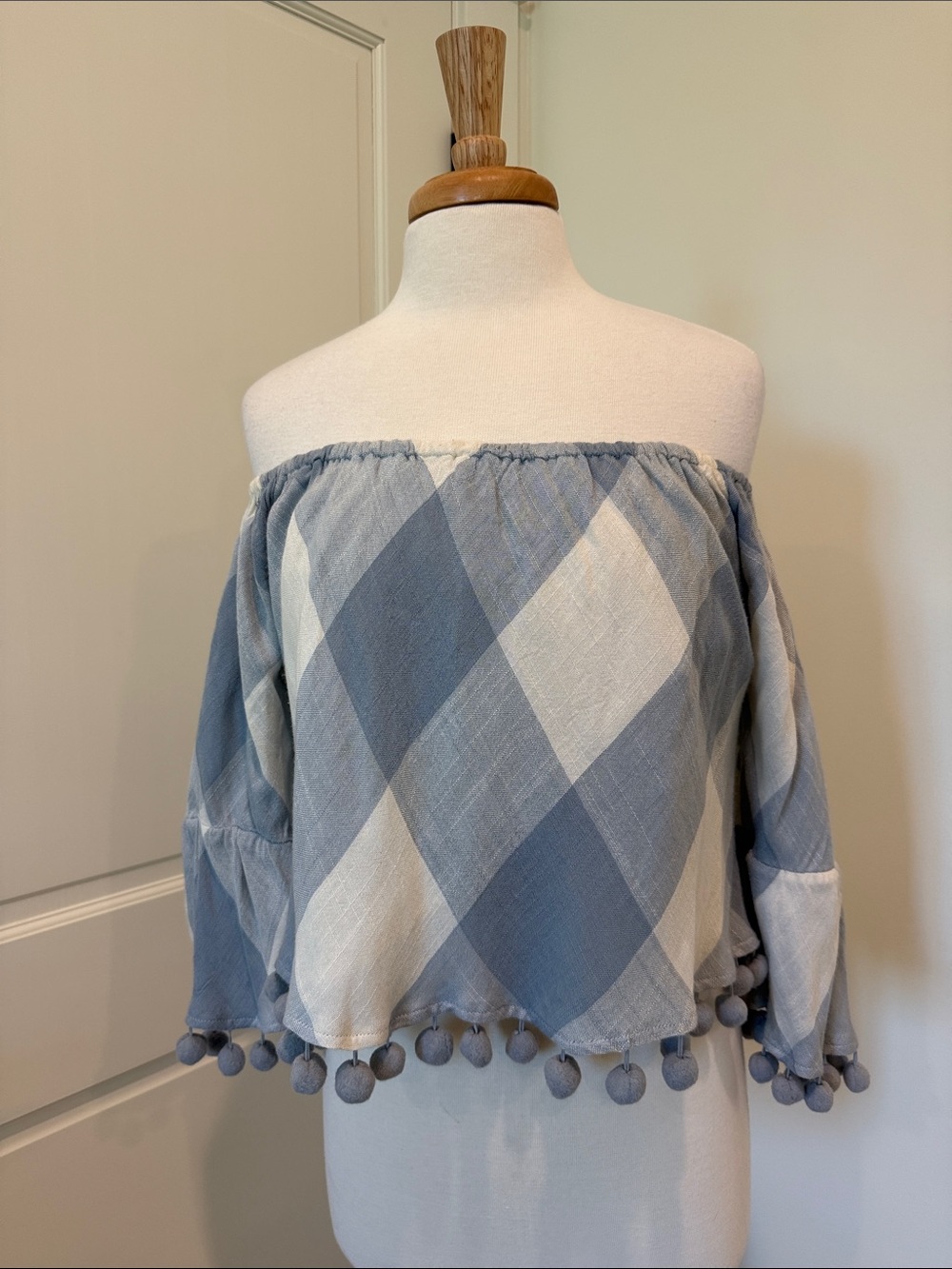 Tularosa Blue and White Plaid Off-Shoulder Pom-Pom Crop Top